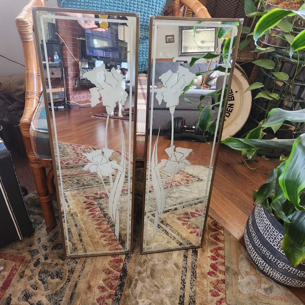 Vintage Brass Etched glass 1970s Mirrors Hollywood Regency Mid Century mirror - Picture 7 of 7